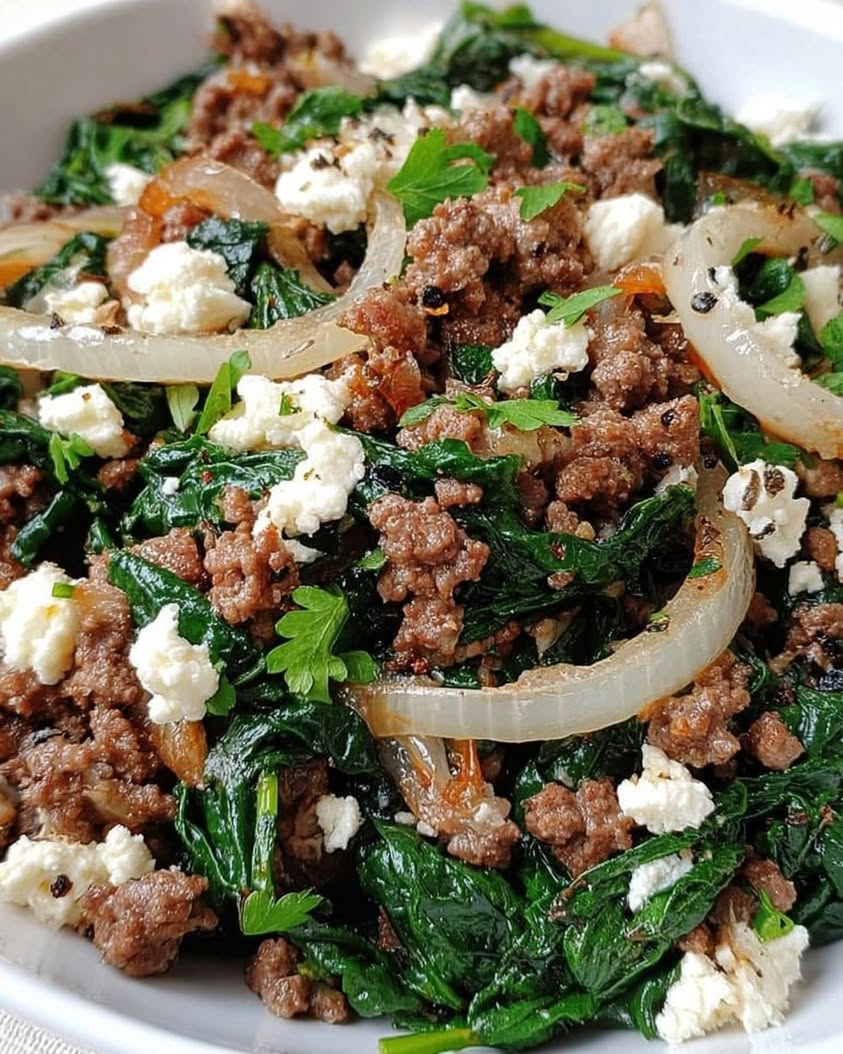 ground beef spinach skillet feta