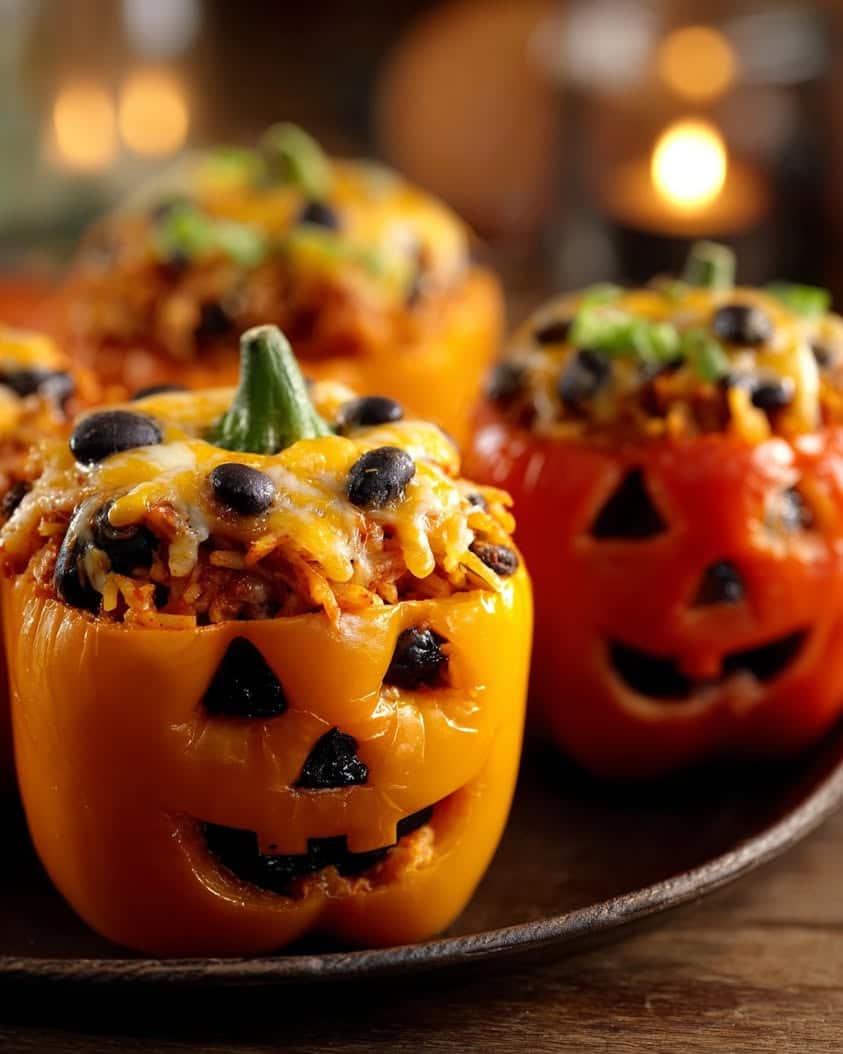 halloween chicken rice stuffed peppers