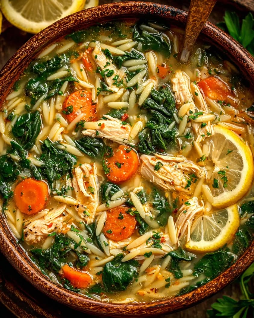 lemon chicken orzo soup spinach