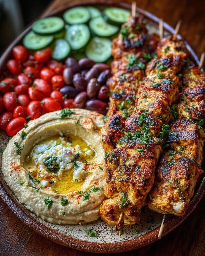 Grilled Mediterranean Chicken Skewers with Creamy Homemade Hummus 2 mediterranean chicken skewers hummus