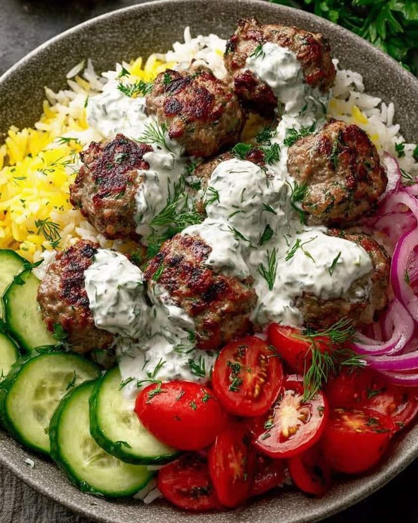 mediterranean meatball rice bowl