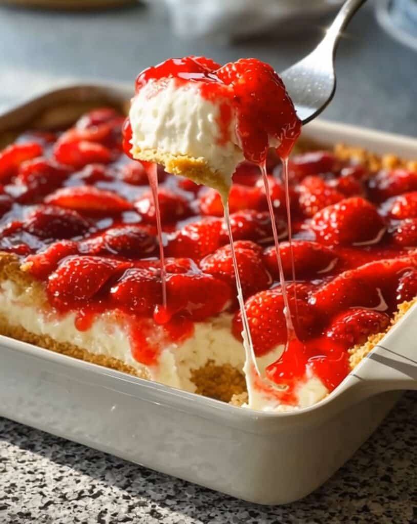 Easy No-Bake Strawberry Cheesecake with a Golden Crust 2 no fuss strawberry cheesecake dessert