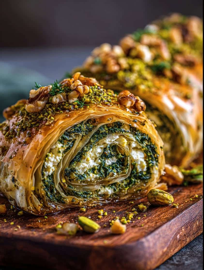 pistachio feta spanakopita roulade