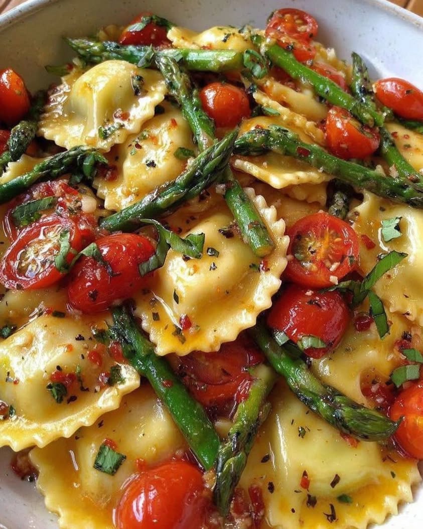 ravioli tomatoes asparagus garlic herbs 1