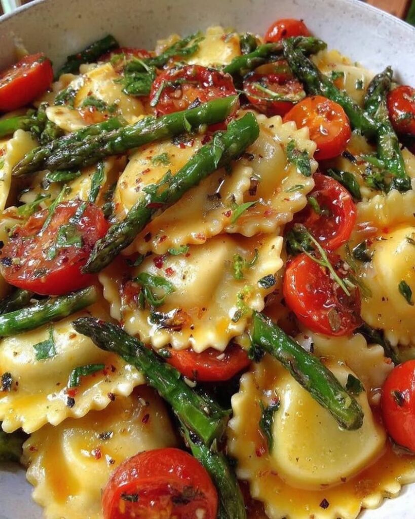 Fresh Spring Ravioli with Tomatoes, Asparagus, and Herbs 2 ravioli tomatoes asparagus garlic herbs
