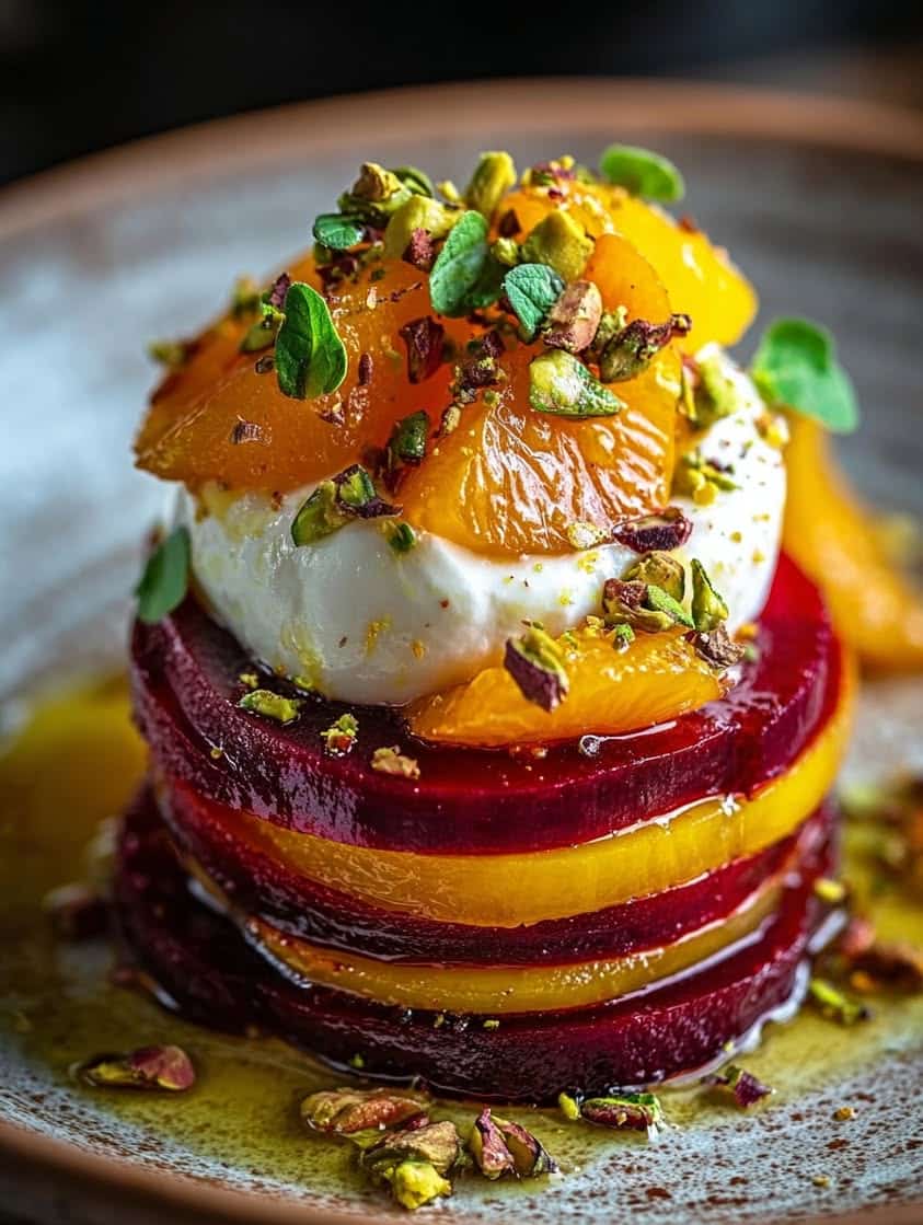 roasted golden beet stacks burrata