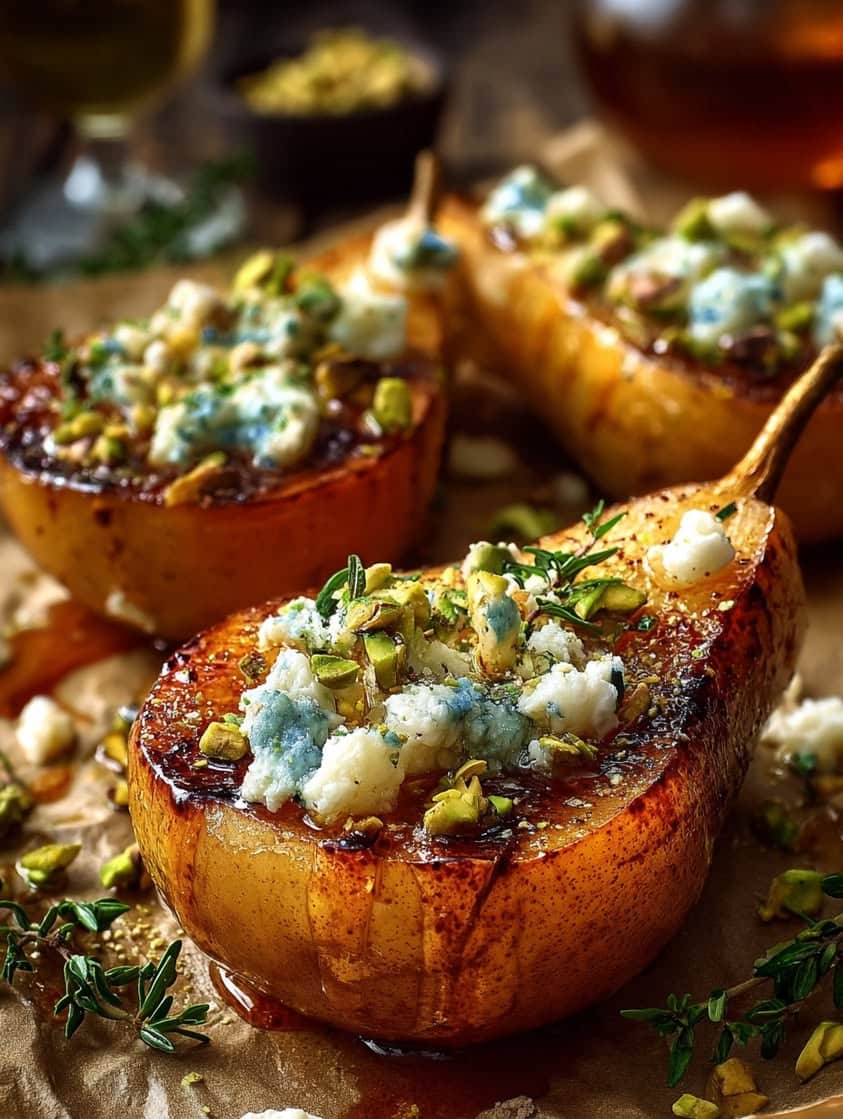 roasted pears blue cheese pistachios