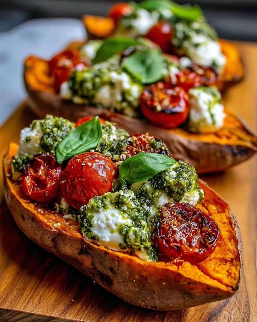 roasted sweet potatoes ricotta pesto