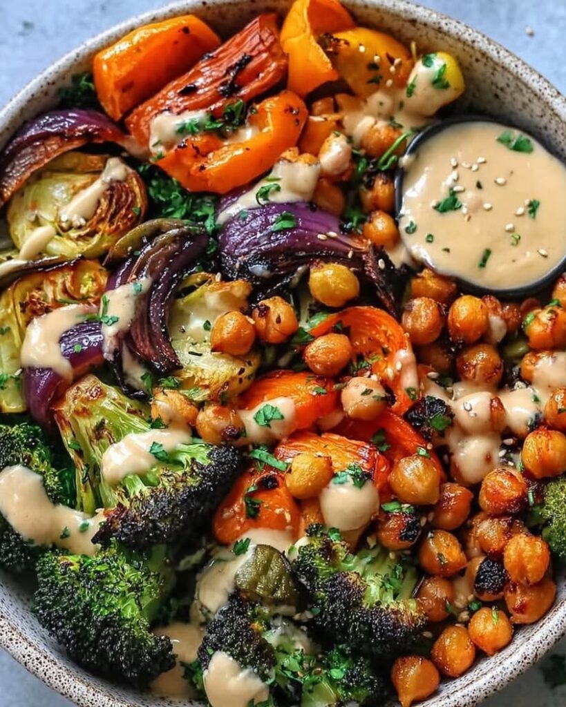 Roasted Veggie & Chickpea Bowls with Maple Tahini Dressing 2 roasted veggie chickpea bowls