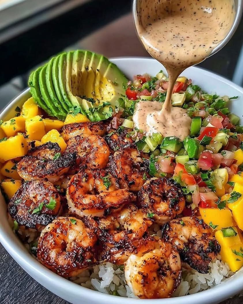 shrimp avocado bowls mango salsa 1