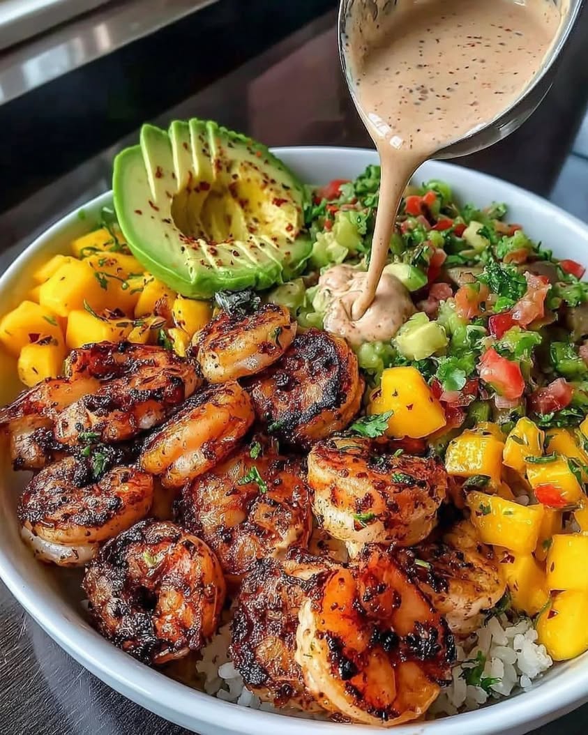 shrimp avocado bowls mango salsa