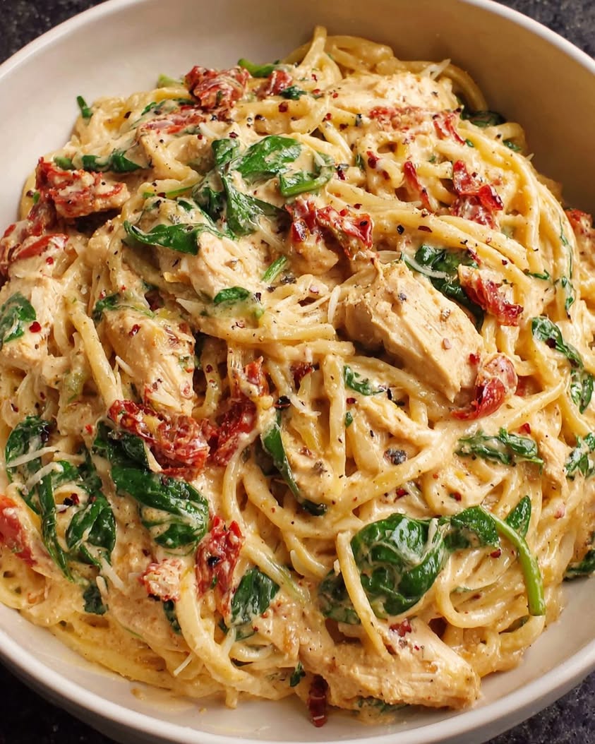 spaghetti spinach sun dried tomato chicken