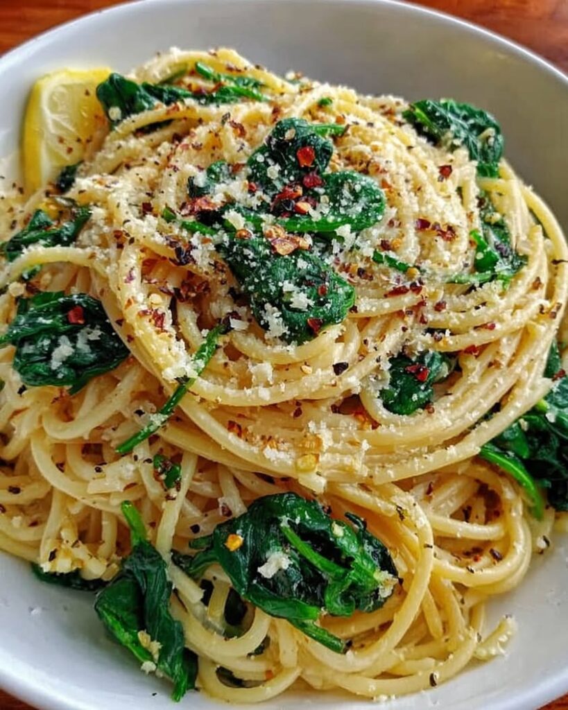 spaghetti with garlic spinach 1