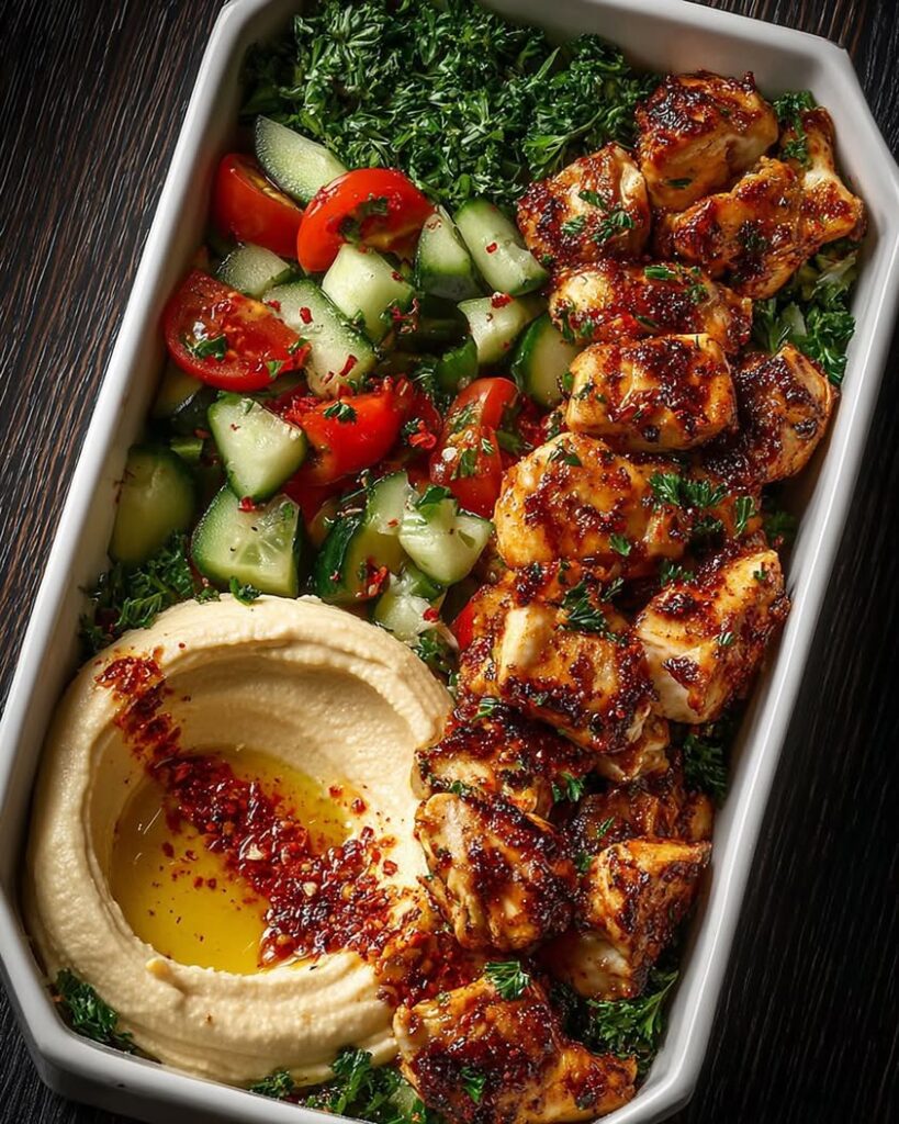 Spicy Garlic Chicken Bowls with Hummus and Cucumber Salad 2 spicy garlic chicken hummus bowl 2