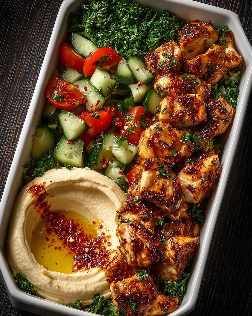 spicy garlic chicken hummus bowl 2