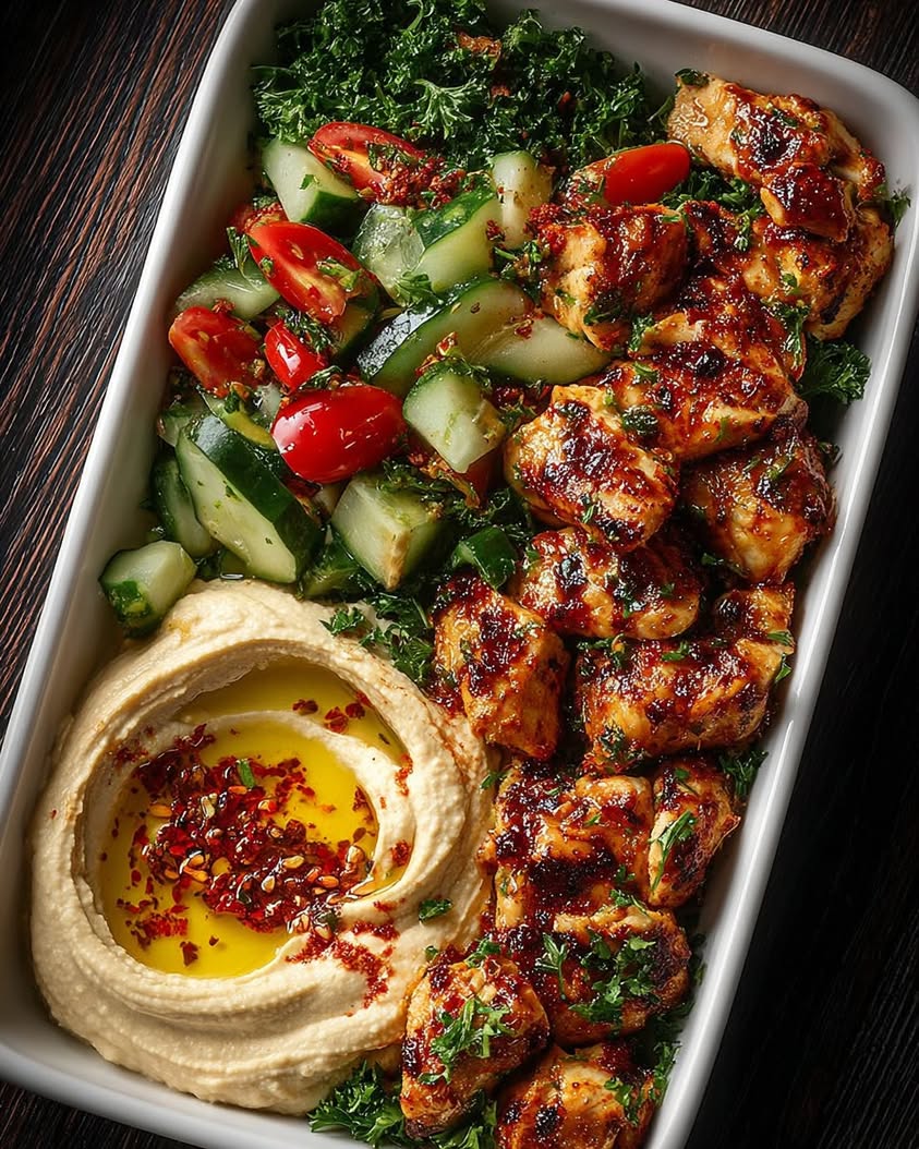 spicy garlic chicken hummus bowl