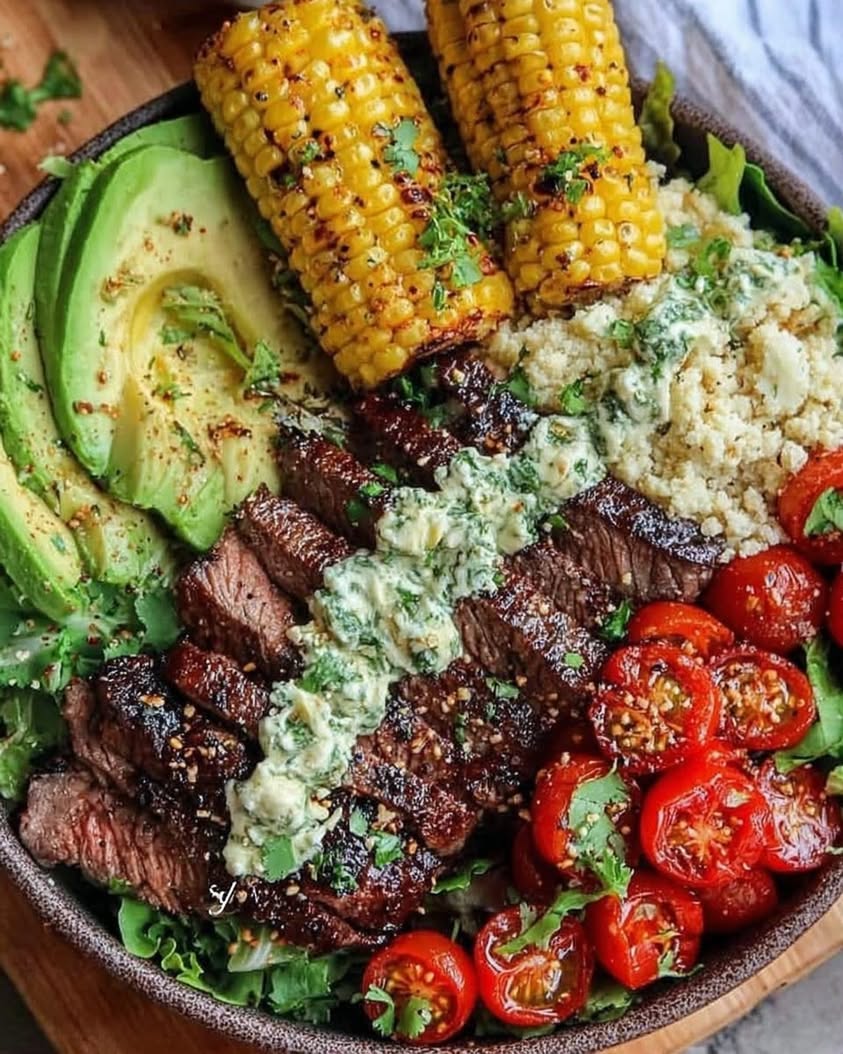 steak avocado roasted corn bowl