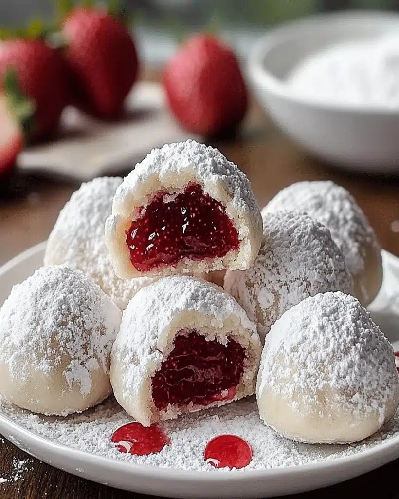 strawberry filled almond snowball cookies