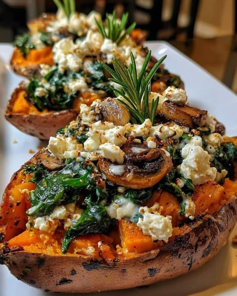 Savory Stuffed Sweet Potatoes with Lemon Garlic Yogurt Sauce 2 stuffed sweet potatoes spinach mushroom feta 3