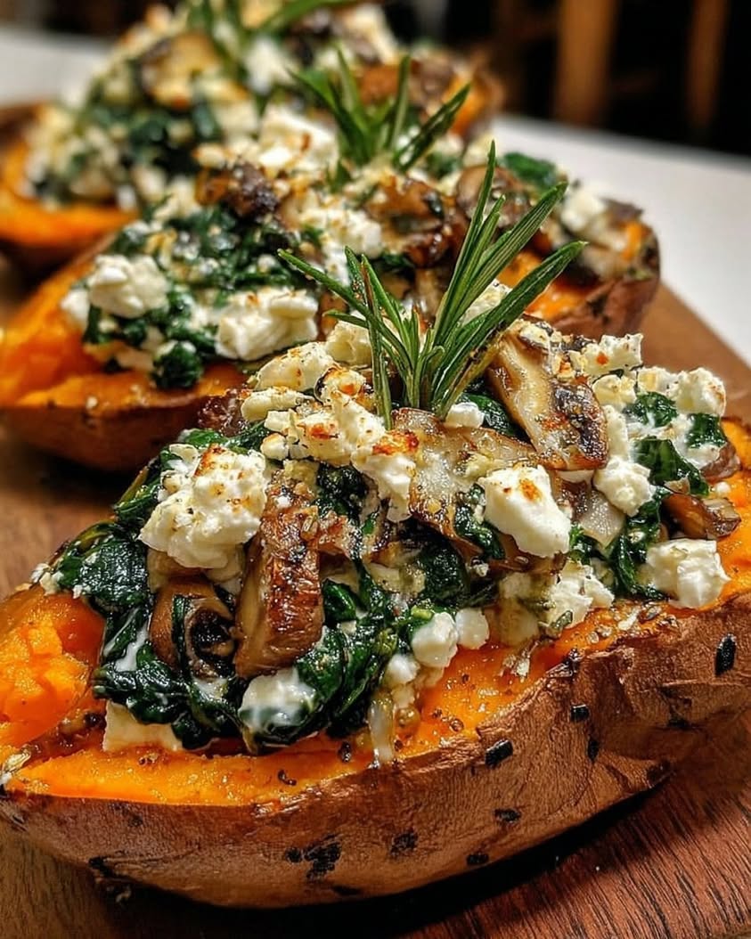 stuffed sweet potatoes spinach mushroom feta
