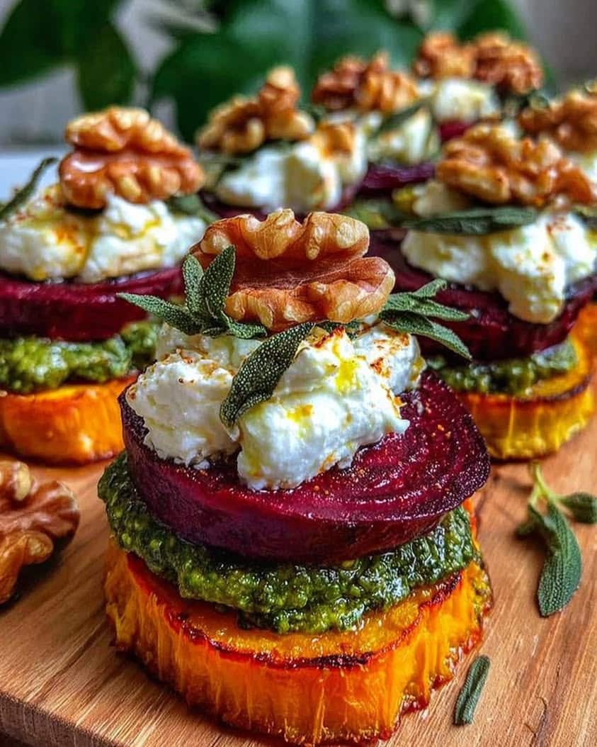 sweet potato beet stacks pesto