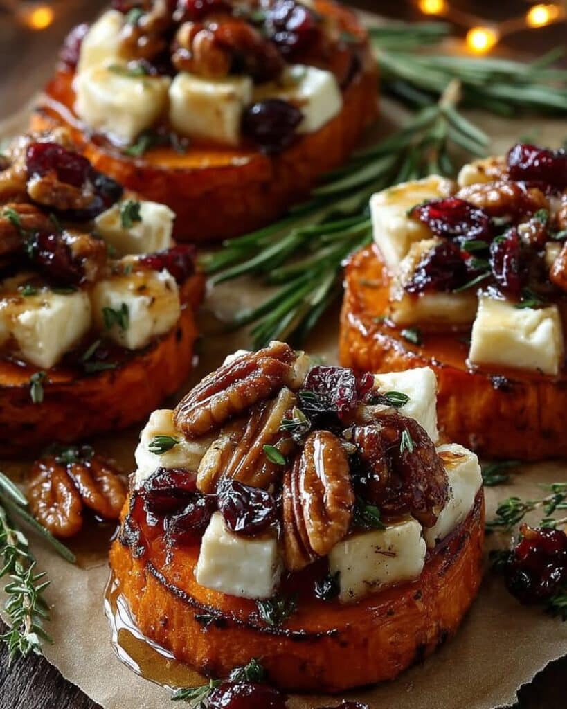 Sweet Potato Rounds with Brie, Cranberry, and Pecans 2 sweet potato rounds brie cranberry