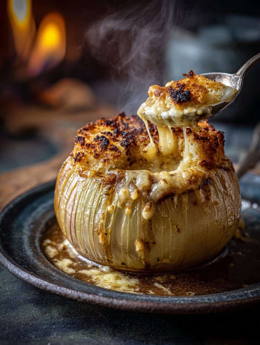 volcano stuffed onion french onion soup