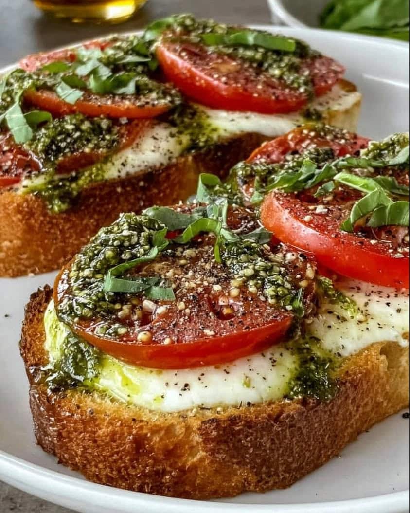 caprese cottage cheese pesto toasts