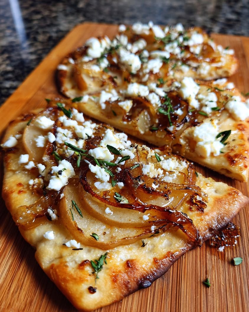 caramelized pear feta flatbread