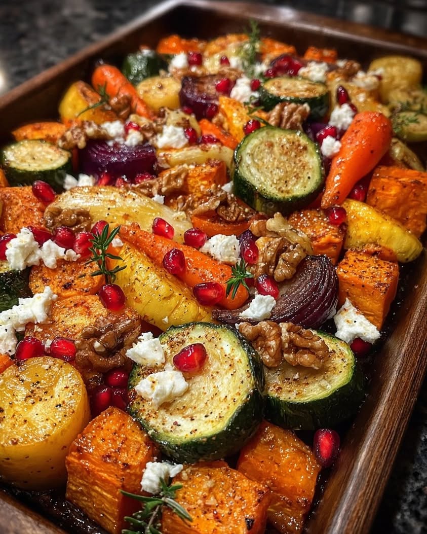 caramelized vegetable medley feta pomegranate