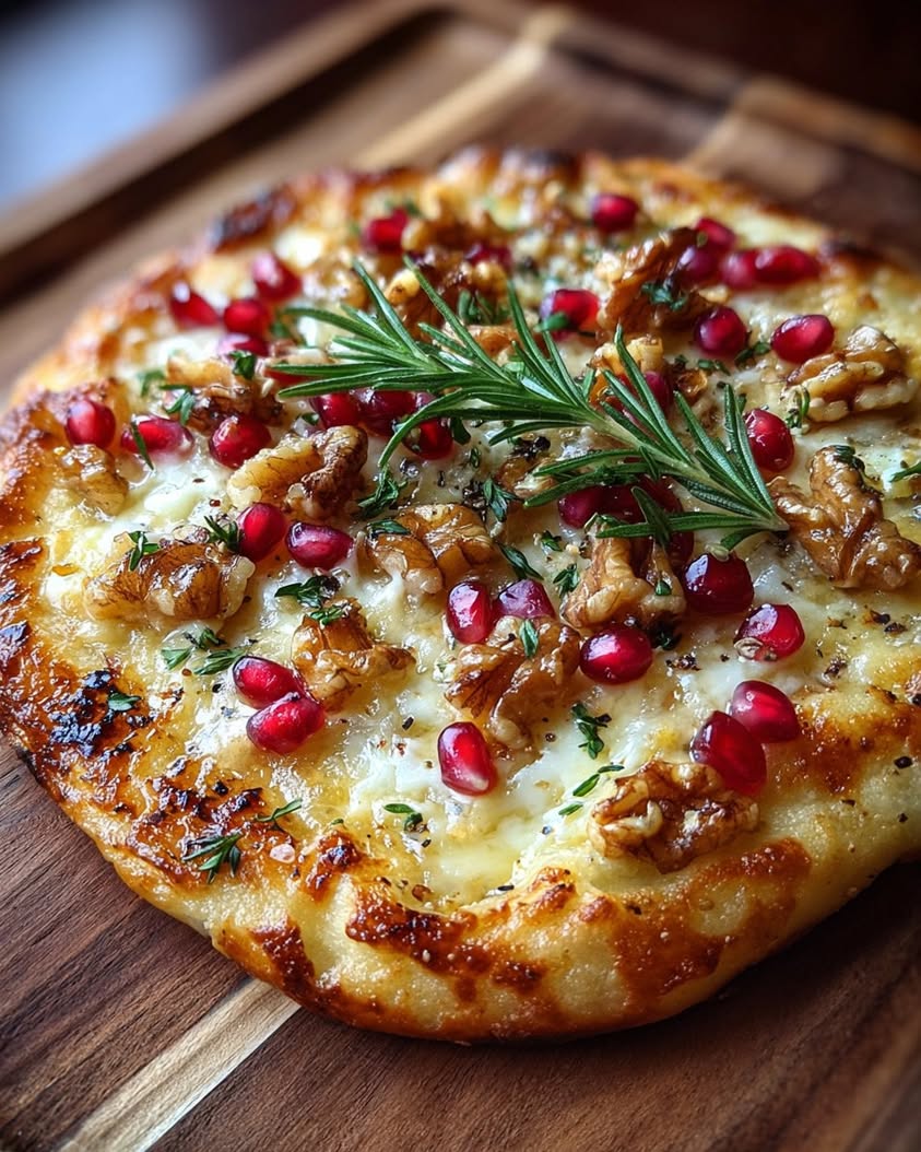 cozy fall taleggio pomegranate flatbread