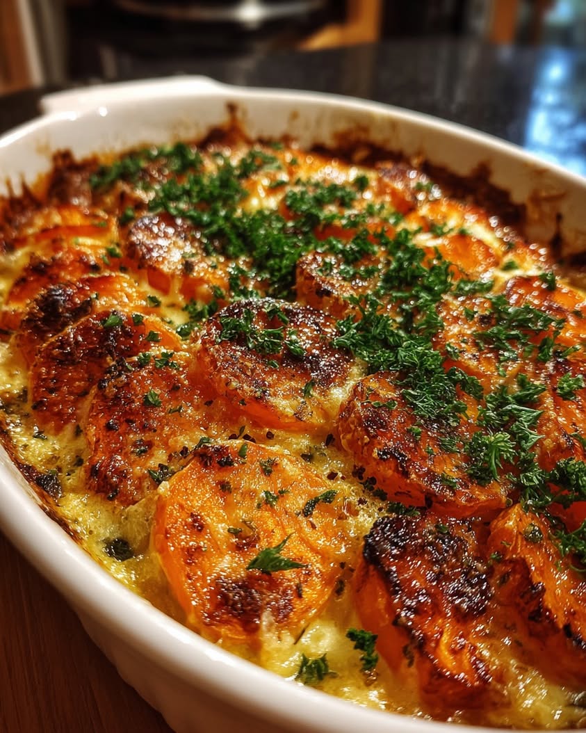 creamy garlic butter sweet potato bake