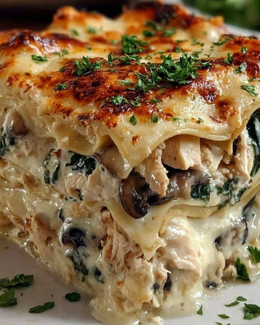 creamy white chicken mushroom lasagna