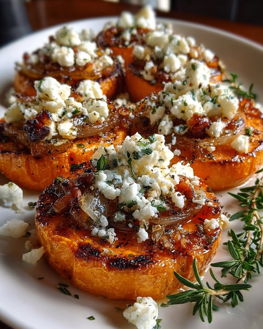 crispy sweet potato slices feta pecans