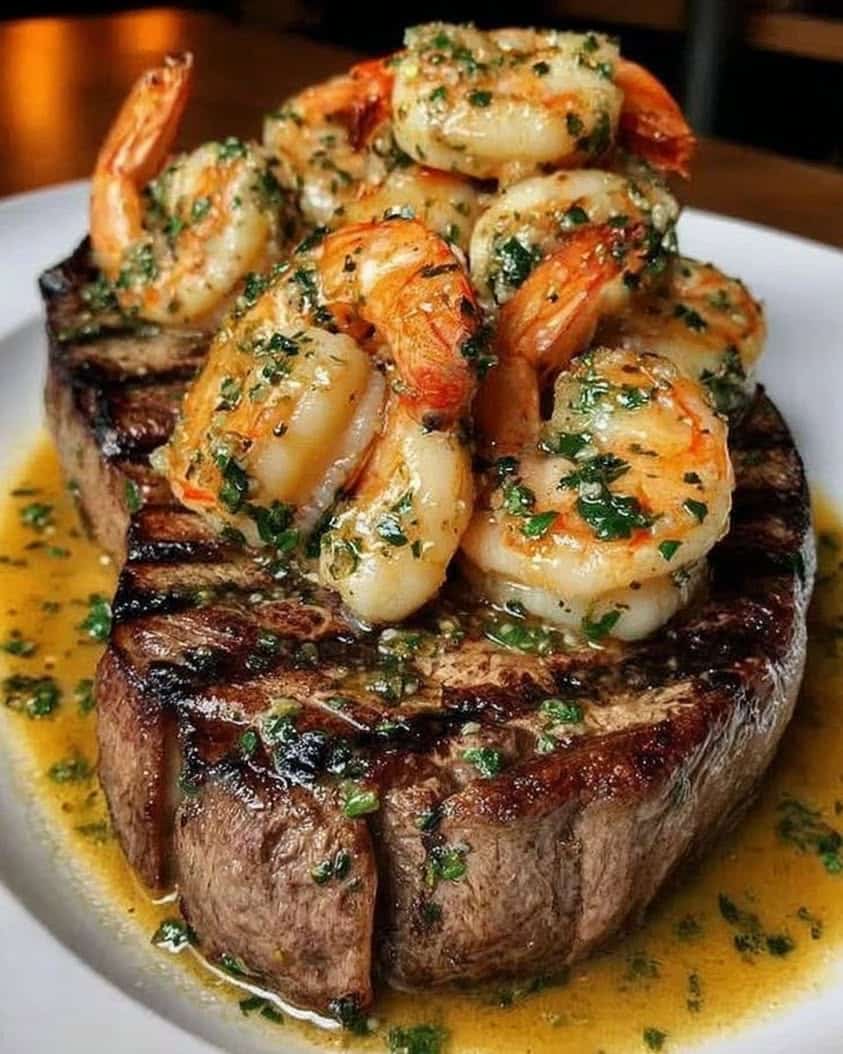 garlic butter ribeye shrimp surf turf