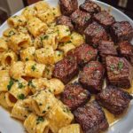 garlic butter steak bites alfredo rigatoni