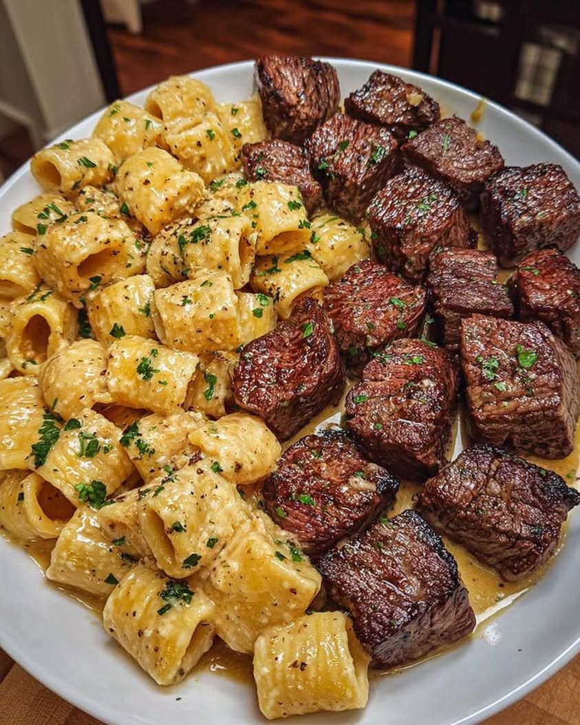 garlic butter steak bites alfredo rigatoni