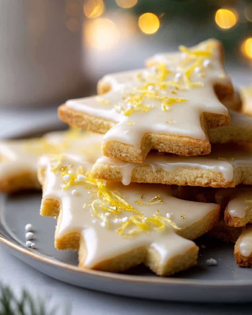 glazed lemon shortbread tree cookies