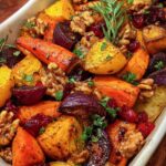 golden roasted fall vegetables cranberry glaze