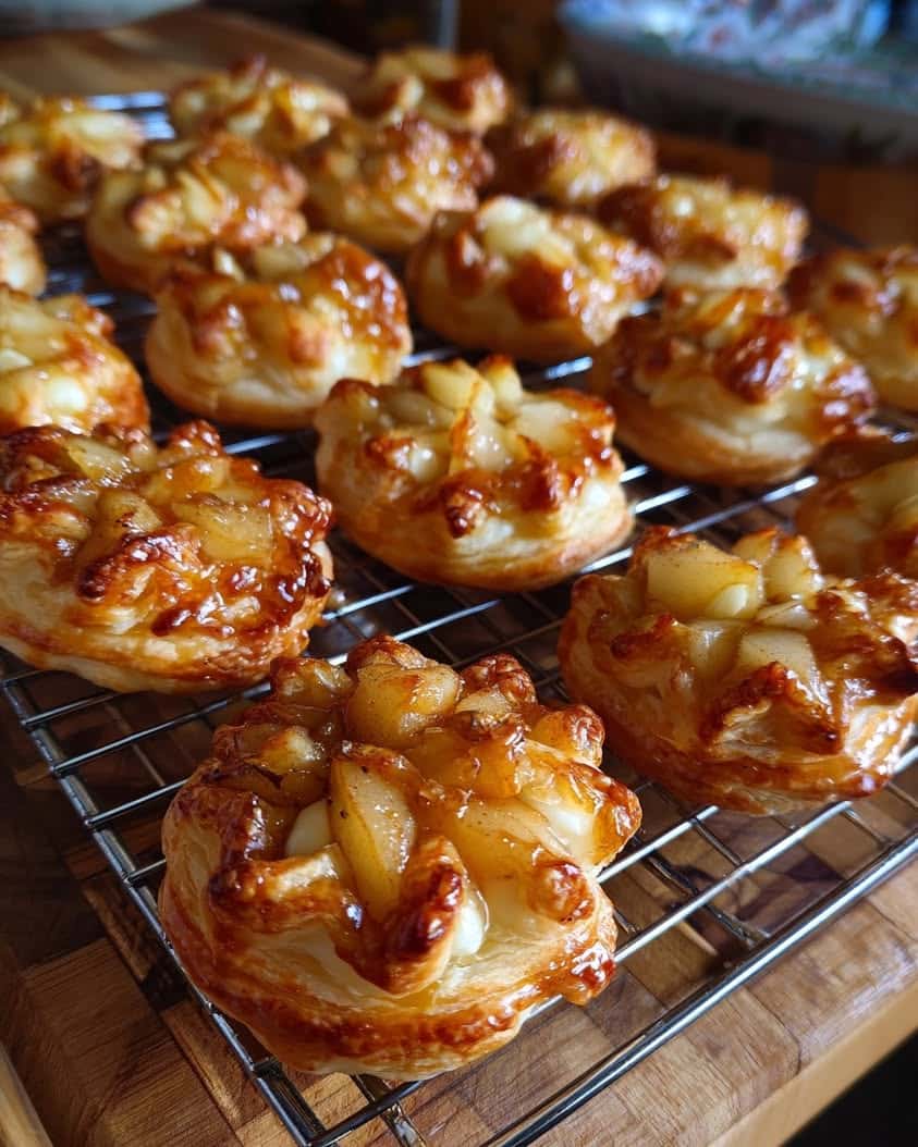 golden snowflake puffs caramelized pears