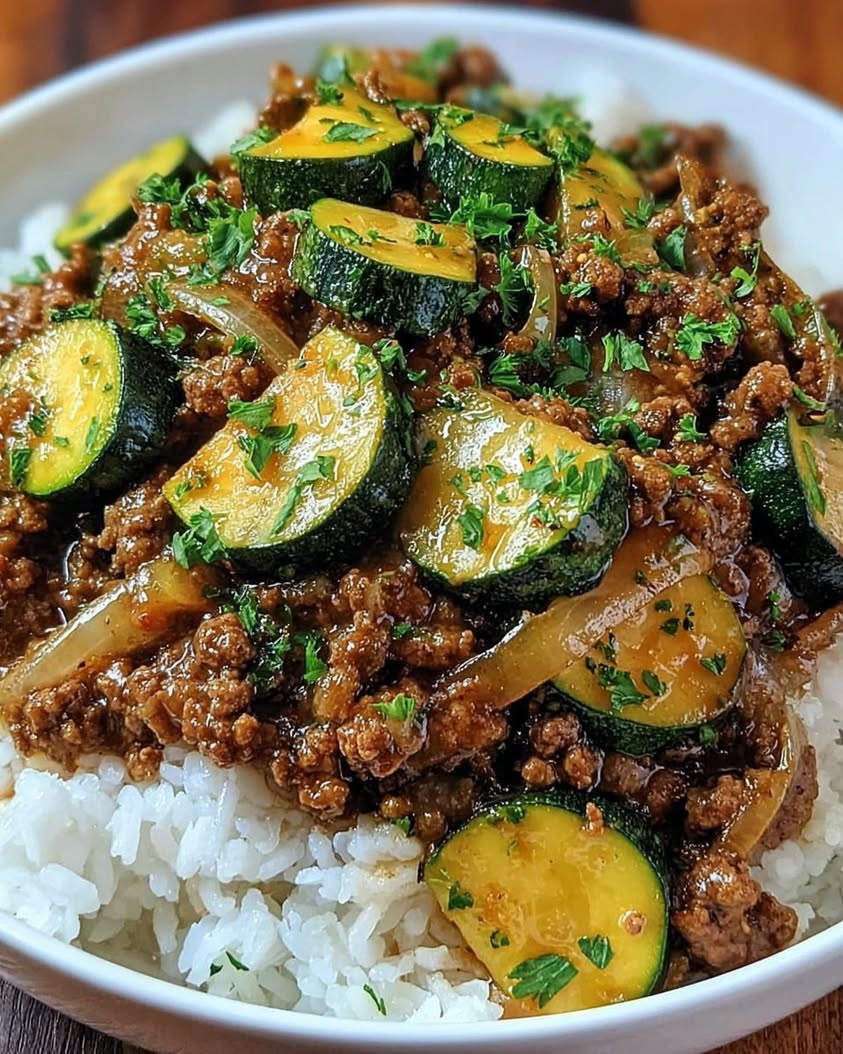 greek beef zucchini rice bowl