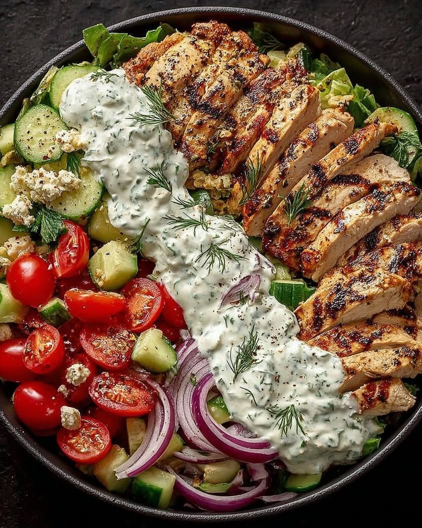 Epic Grilled Chicken Greek Salad Bowl with Tzatziki Magic