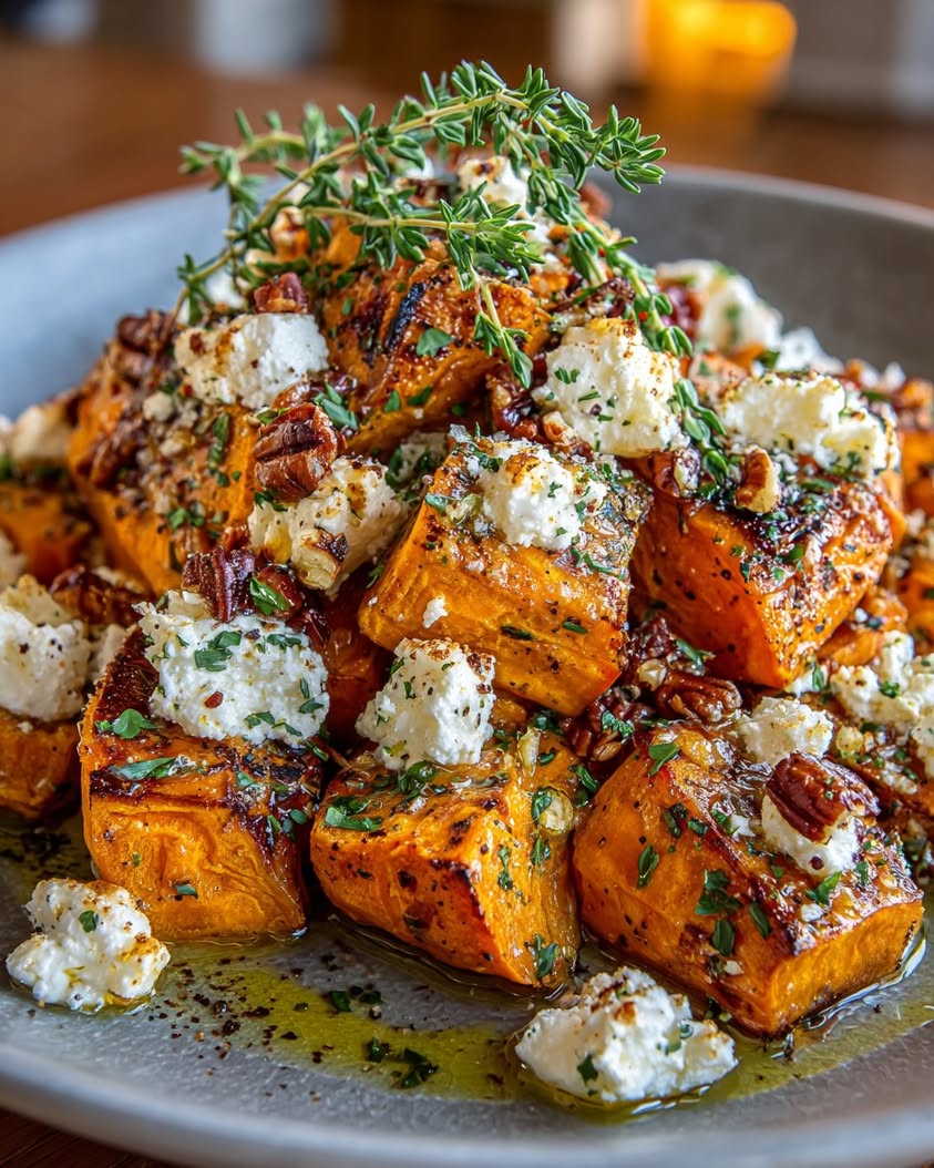 honey roasted sweet potatoes goat cheese