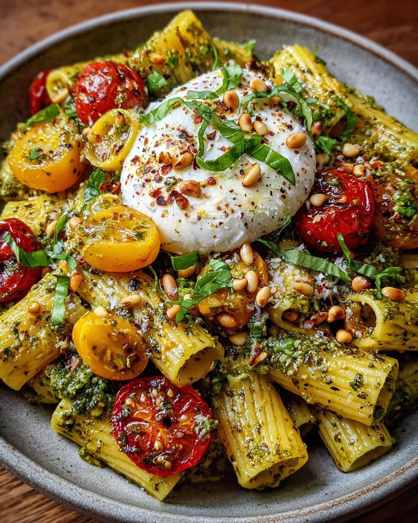 lemon pesto rigatoni burrata pine nuts