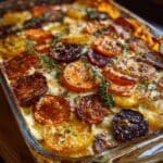 maple glazed beet sweet potato gratin