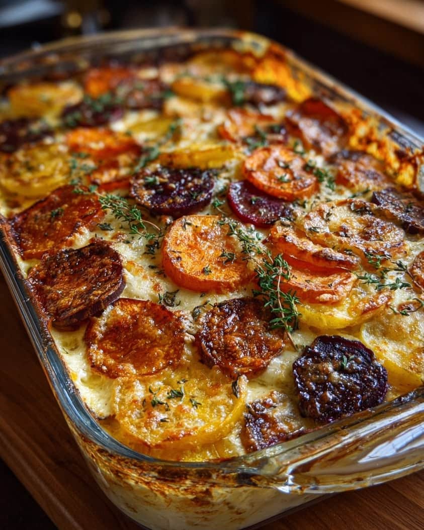 maple glazed beet sweet potato gratin