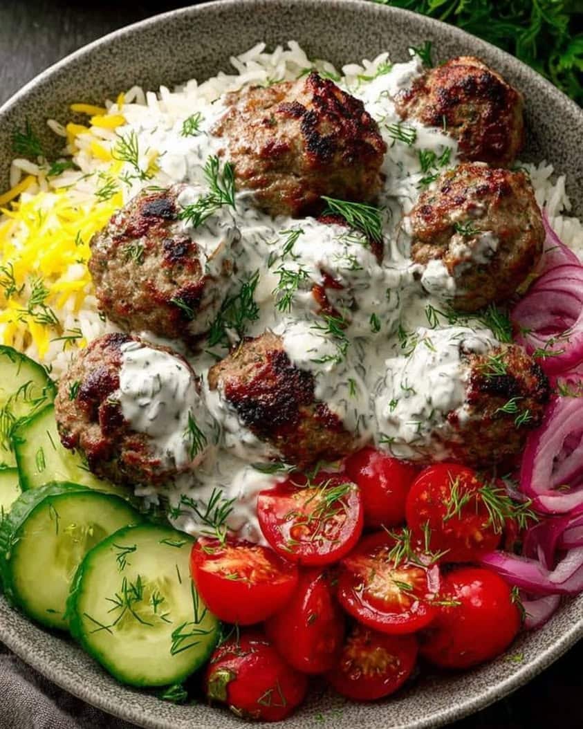 mediterranean meatball rice bowl