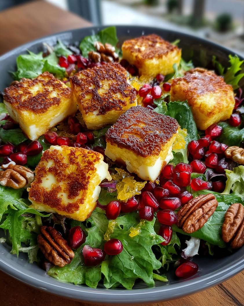 pomegranate salad halloumi orange vinaigrette