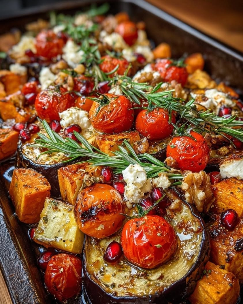 roasted eggplant tomatoes sweet potato feta