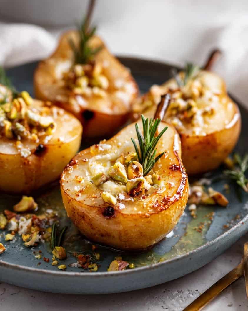 roasted pear brie pistachios rosemary honey